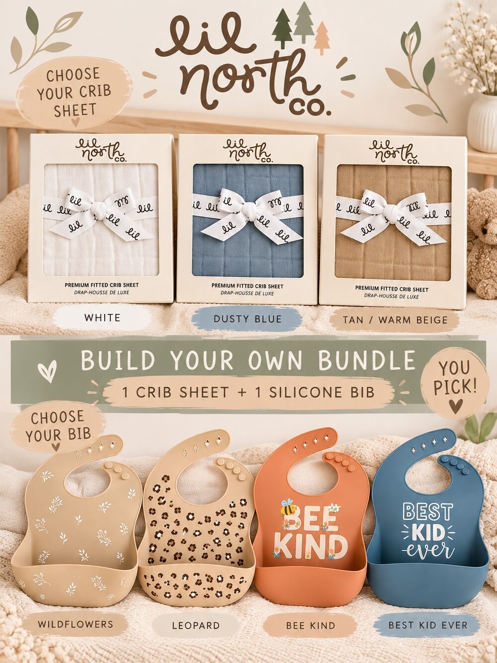Lil North Co Crib Sheet + Silicone Bib Bundle – You Pick NWT